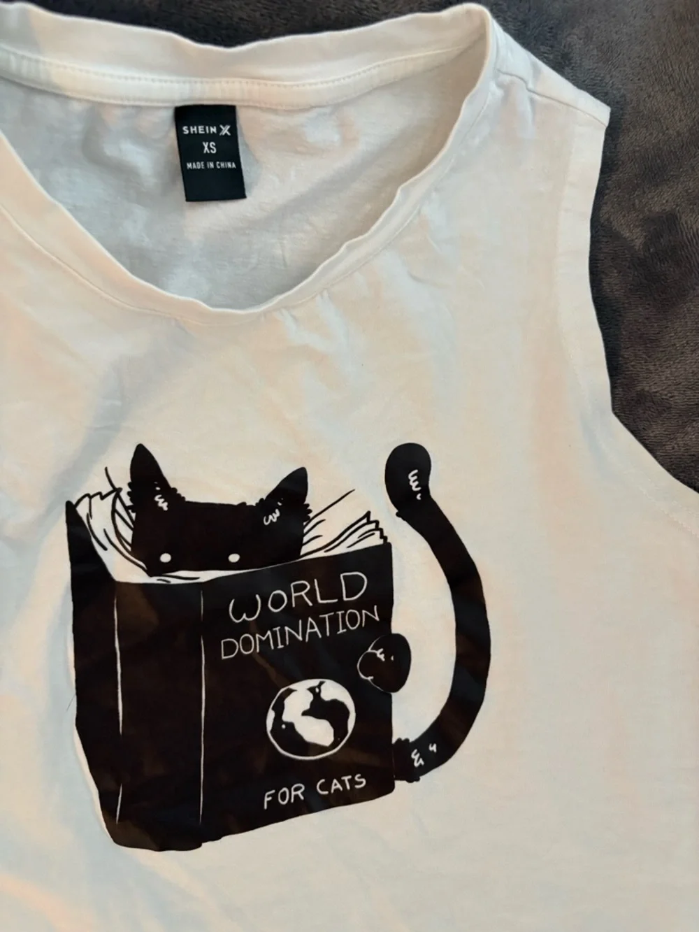 SHEIN White Sleeveless Tank with Black Cat 'World Domination' Graphic